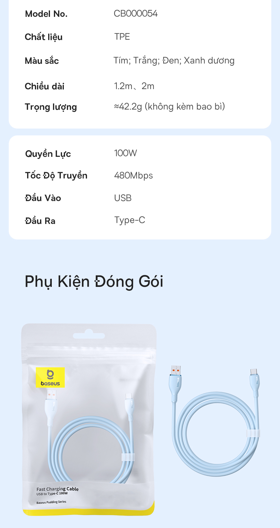 Mô tả Cáp sạc nhanh BASEUS 100W USB Type C 6A - 12