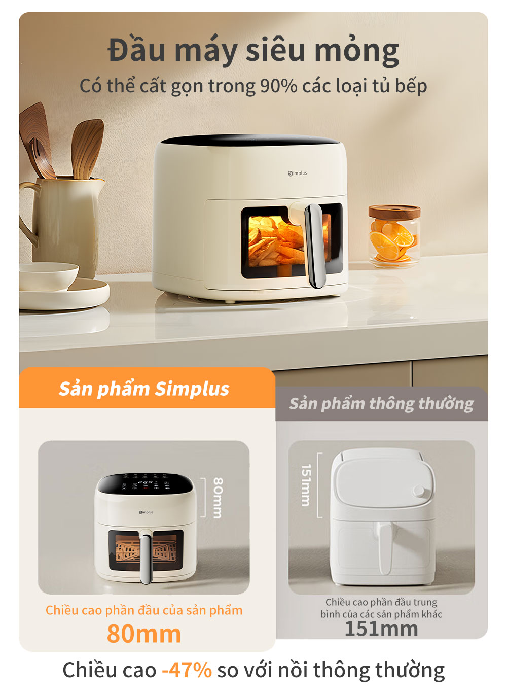 Simplus Nồi Chiên Không Dầu 6.5L Thiết kế nhỏ gọn dung tích 