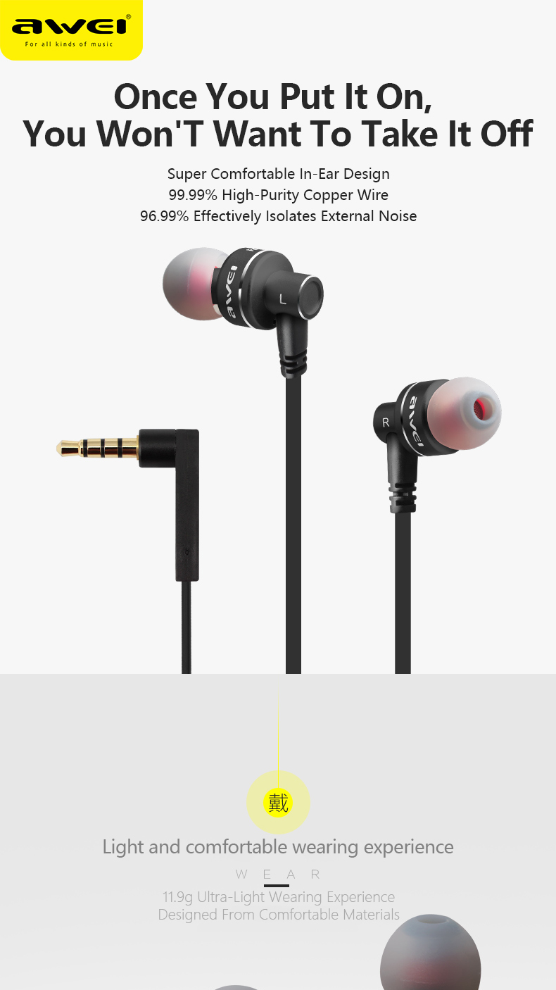 Mô tả Tai nghe có dây Awei ES-10TY cắm 3.5mm thể thao in ear Thiết Kế thoải mái có Mic - 1