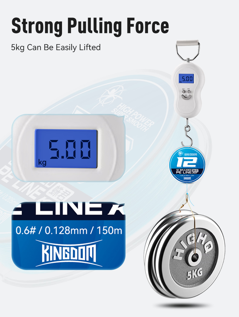 Mô tả Cuộn dây câu cá KINGDOM độ mịn cao 150m bện 8 / 12 dây màu xanh dương 2024 dòng PE - 7