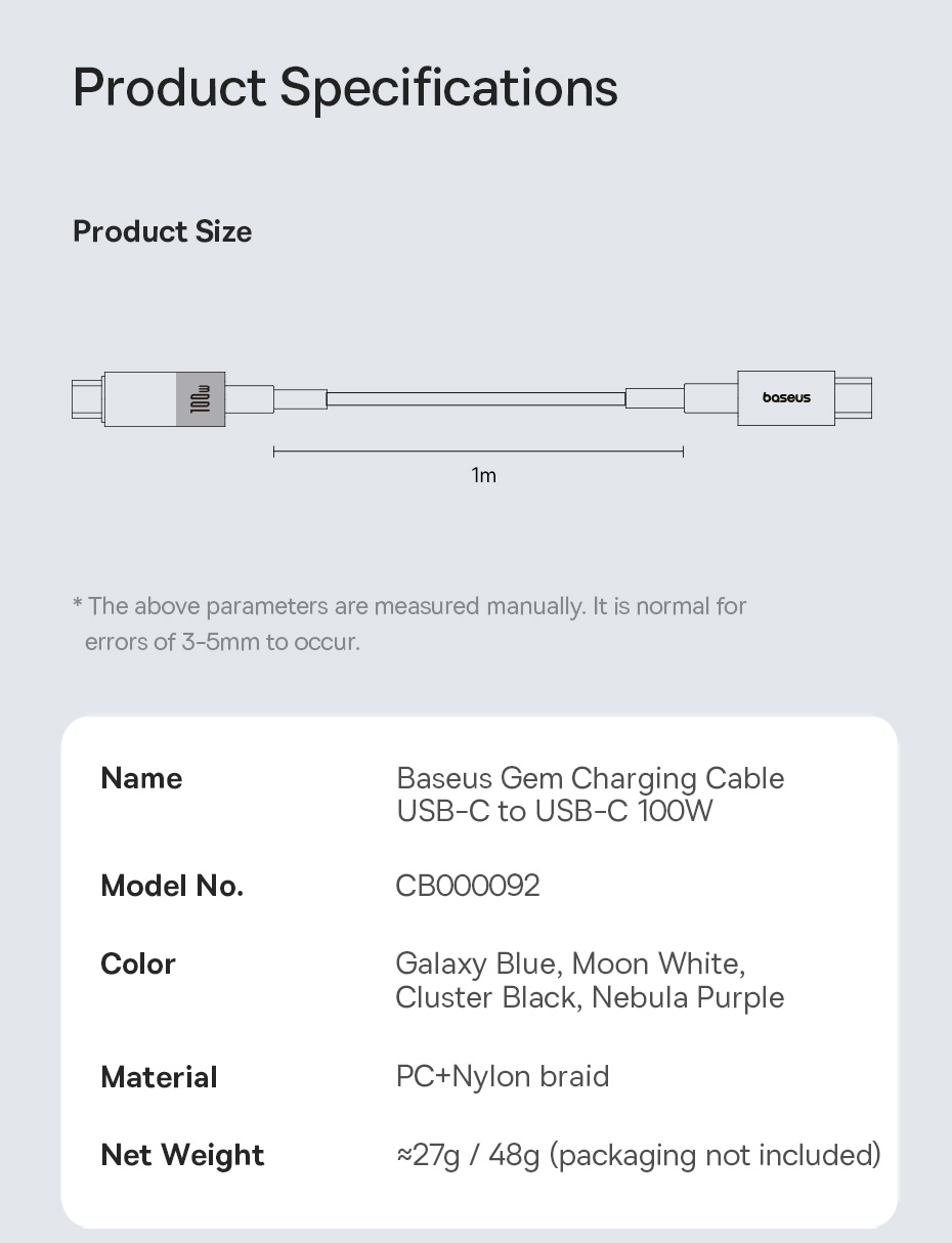 Mô tả Cáp sạc Baseus Gem USB-C sang USB-C PD 100W Cáp dữ liệu sạc nhanh Thiết kế trong suốt - 11