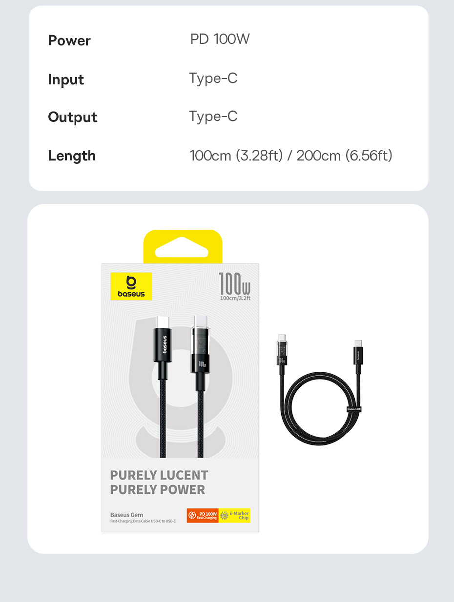 Mô tả Cáp sạc Baseus Gem USB-C sang USB-C PD 100W Cáp dữ liệu sạc nhanh Thiết kế trong suốt - 12