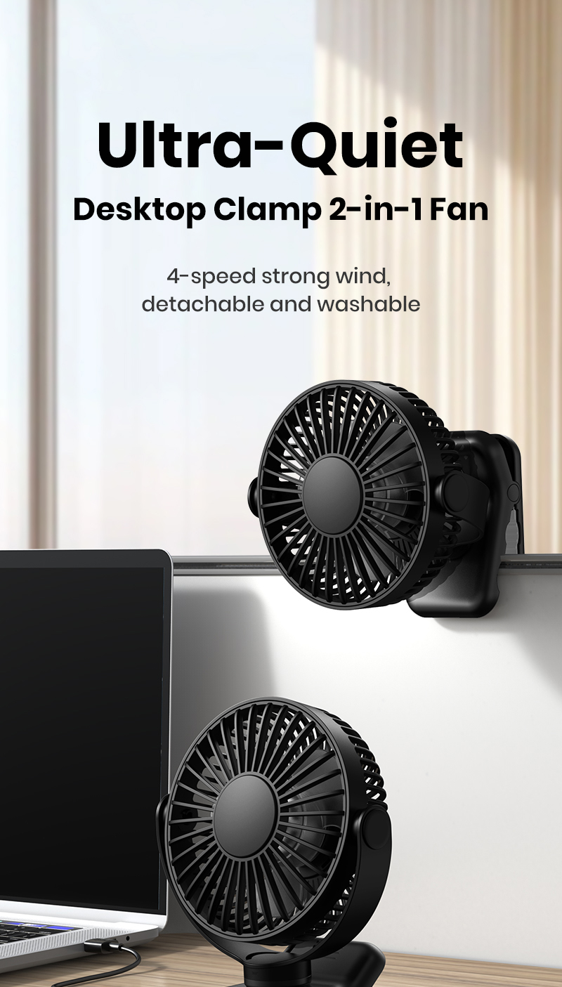 Quạt tích điện TOPK mini kẹp bàn xoay 720 độ