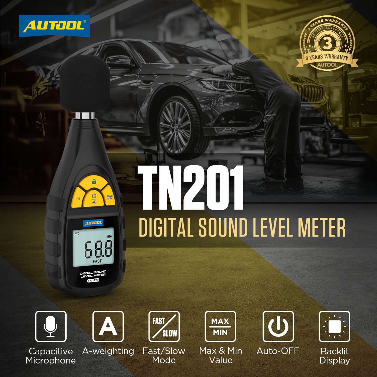Mô tả Autool TN201 Đồng hồ đo mức âm thanh kỹ thuật số Máy đo mức âm thanh vehigle Phát hiện tiếng ồn Decibel Máy kiểm tra giám sát 30-130dB Máy đo tiếng ồn Máy đo âm lượng tiếng ồn - 1