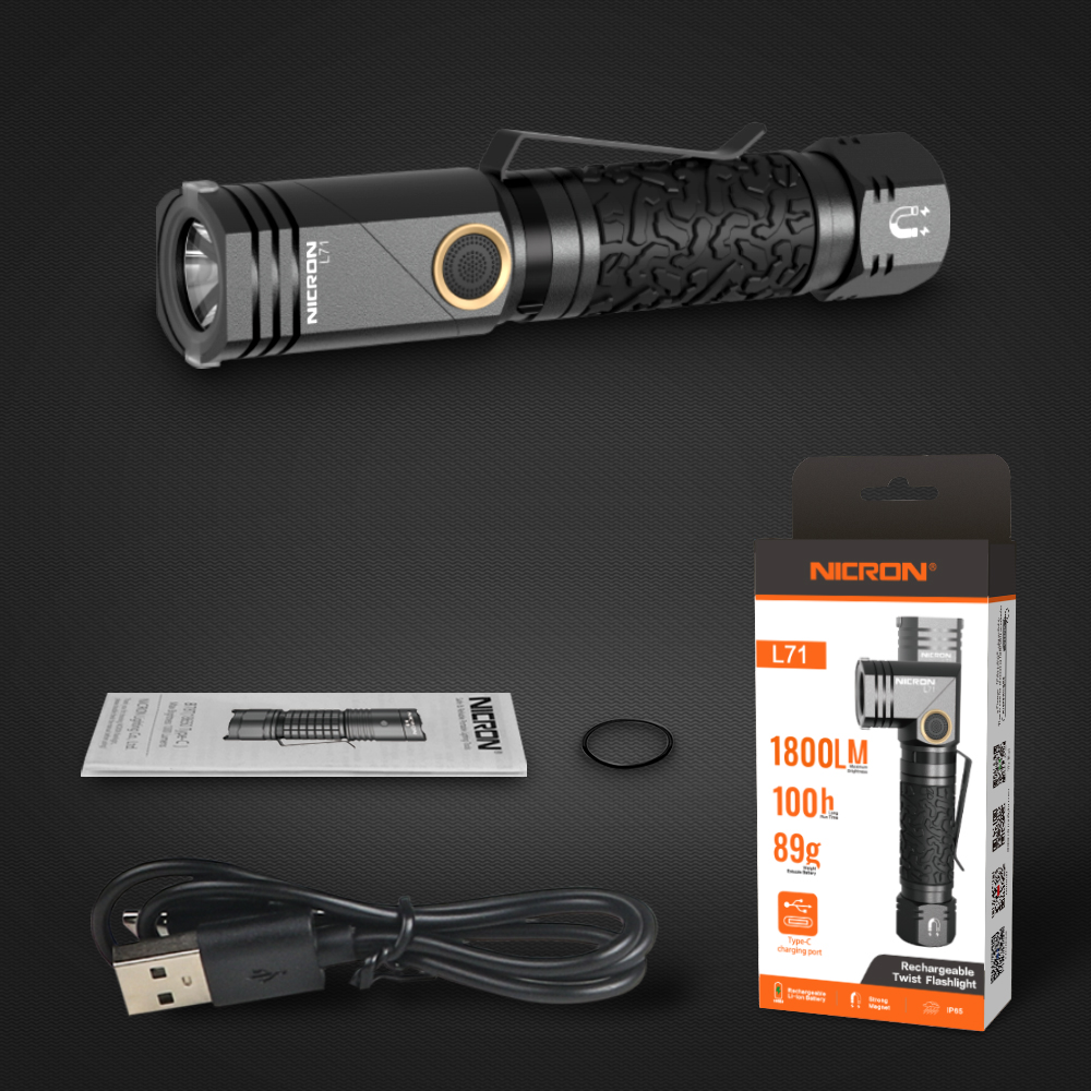 Đèn pin Nicron L71 Độ sáng cao Type-C Đèn pin sạc 1800 Lumen IP65 Chống ...