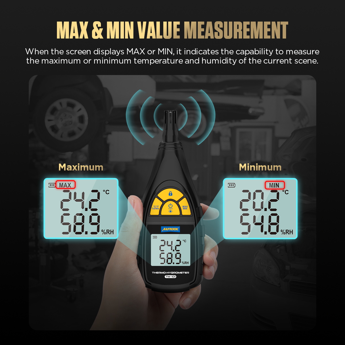 Mô tả Máy đo nhiệt độ AUTOOL TM101 Máy đo độ ẩm nhiệt độ kỹ thuật số Nhiệt kế ngoài trời trong nhà Máy đo độ ẩm với giá trị tối thiểu tối đa - 5