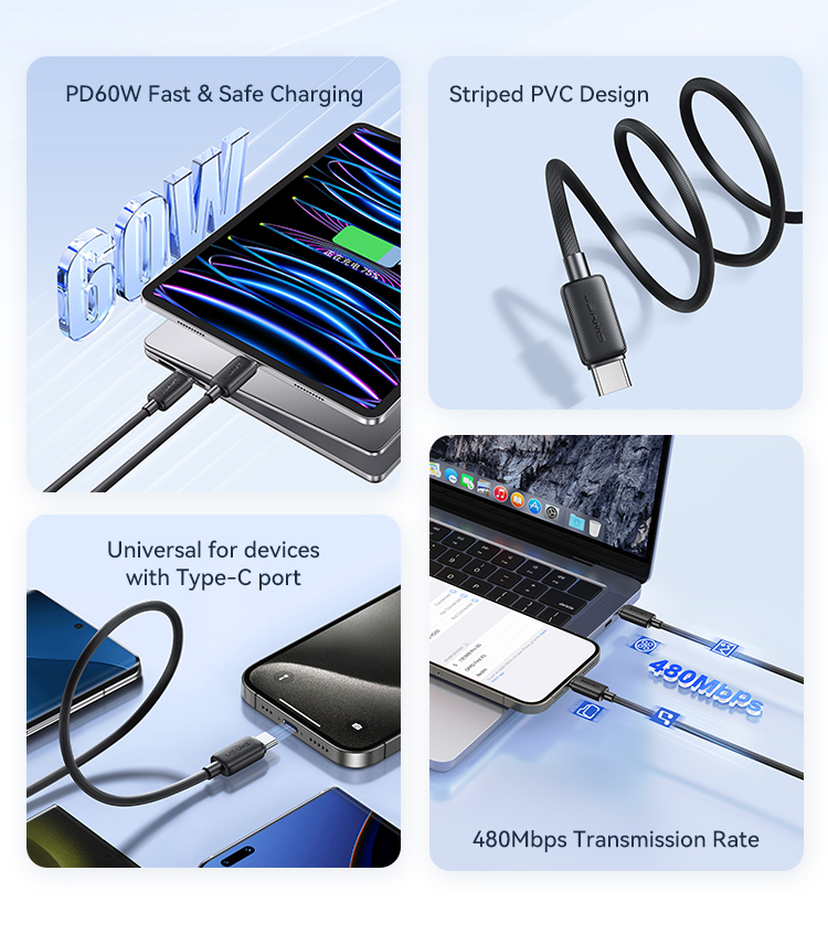 Usams USB C sang USB Type C cho Samsung iP Xiaomi PD 60W Cáp cho máy tính xách tay MacBook iPad Pro Type-C sang Type-C Sạc nhanh – ảnh mô tả chi tiết 2