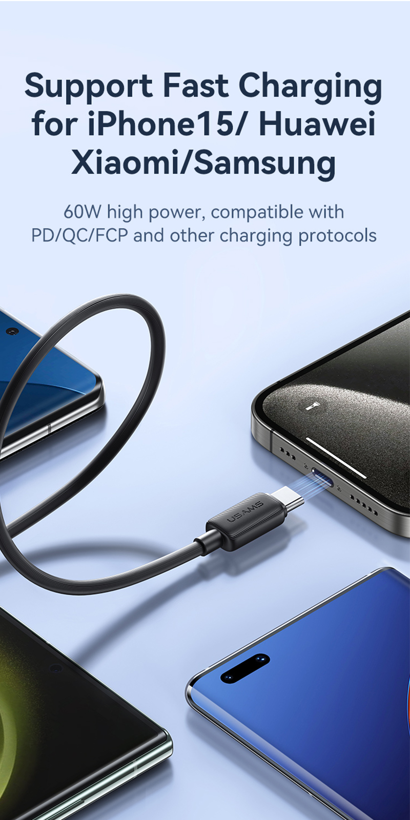 Usams USB C sang USB Type C cho Samsung iP Xiaomi PD 60W Cáp cho máy tính xách tay MacBook iPad Pro Type-C sang Type-C Sạc nhanh – ảnh mô tả chi tiết 3