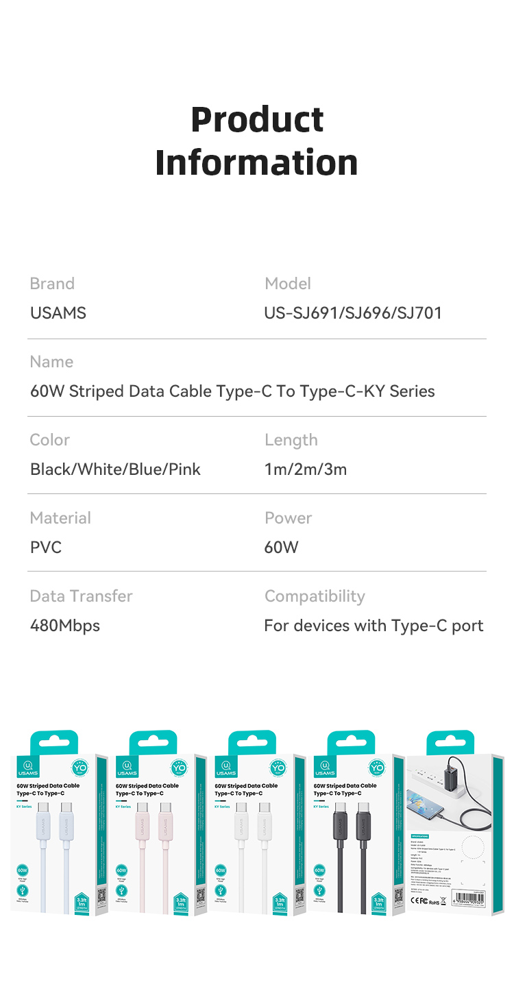 Usams USB C sang USB Type C cho Samsung iP Xiaomi PD 60W Cáp cho máy tính xách tay MacBook iPad Pro Type-C sang Type-C Sạc nhanh – ảnh mô tả chi tiết 11
