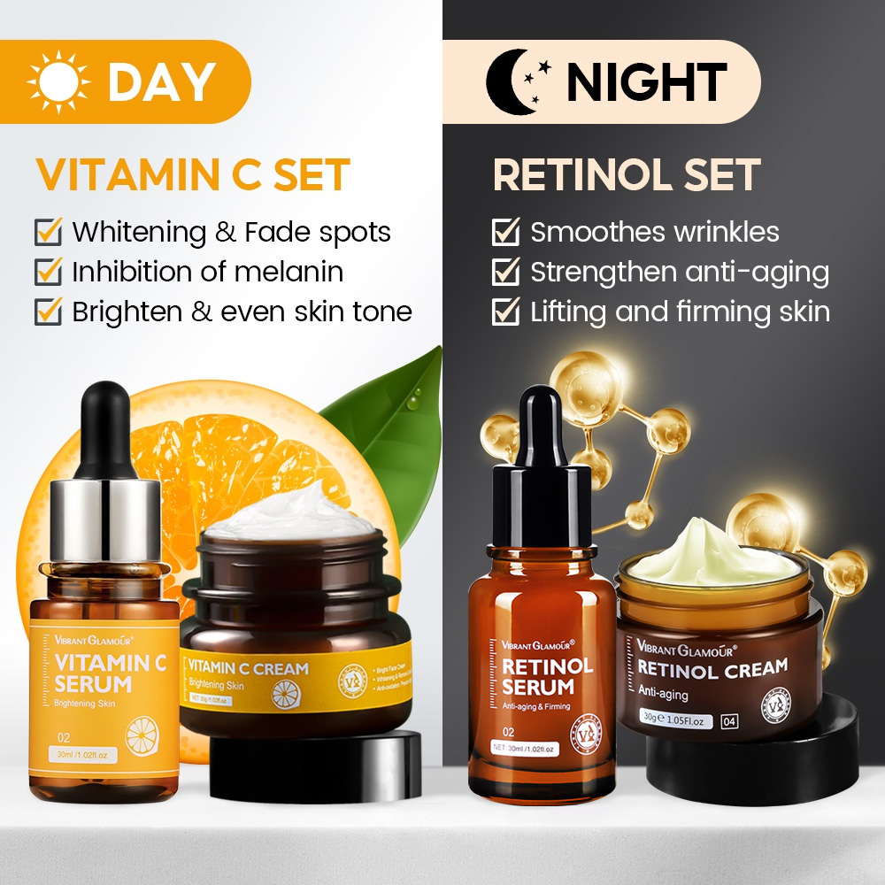 Mô tả Vitamin C+Retinol Bộ VIBRANT GLAMOUR（Serum+Kem）Làm trắng Chống lão hóa da Trẻ hóa đều màu da 4pcs - 1