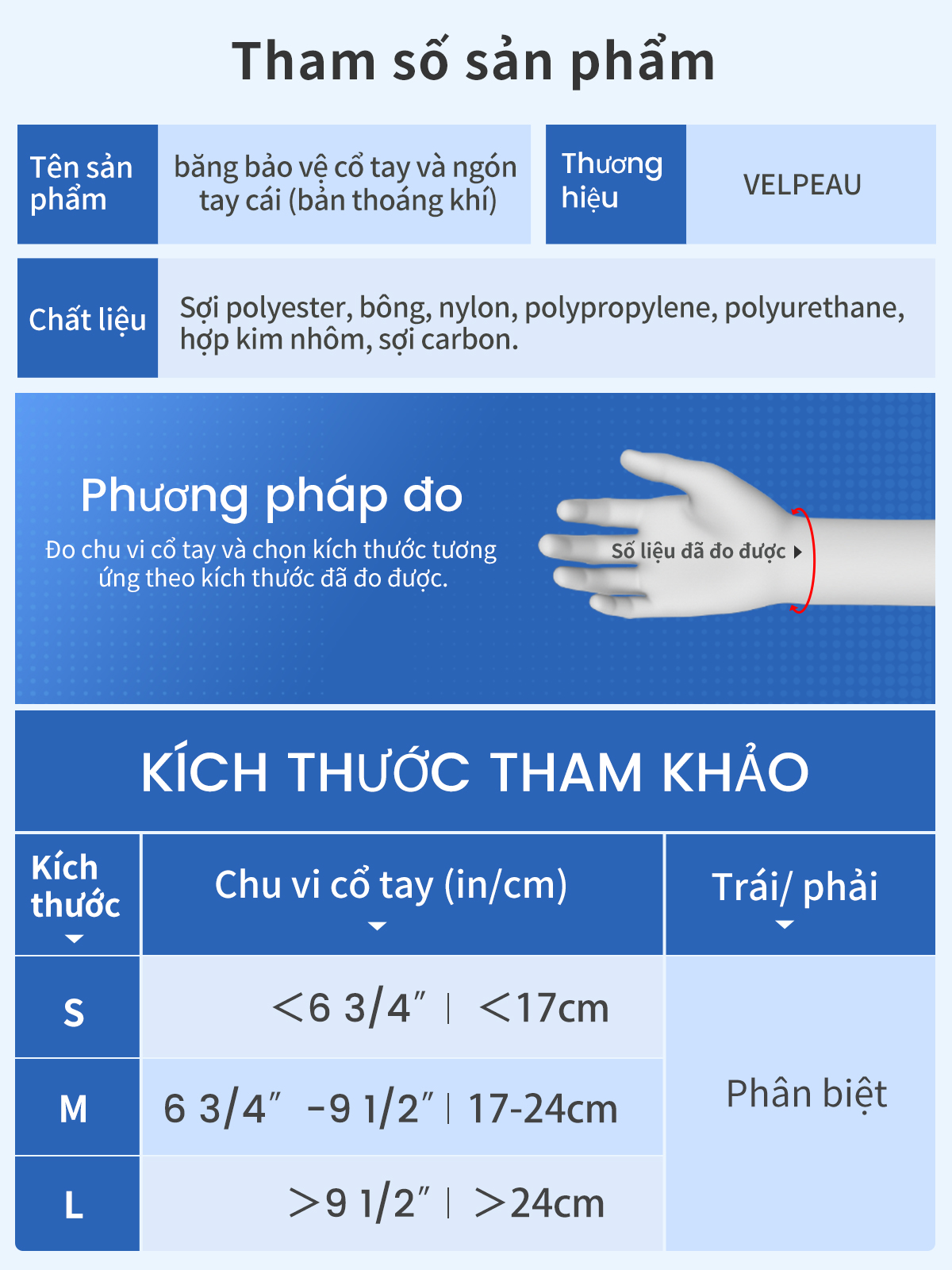 Mô tả Đai đeo bảo vệ cổ tay và bàn tay VELPEAU với nẹp Spica hỗ trợ điều trị hội chứng De Quervain, hội chứng cổ tay, viêm khớp, viêm cơ, vết thương và giảm đau chấn thương thể thao. - 12