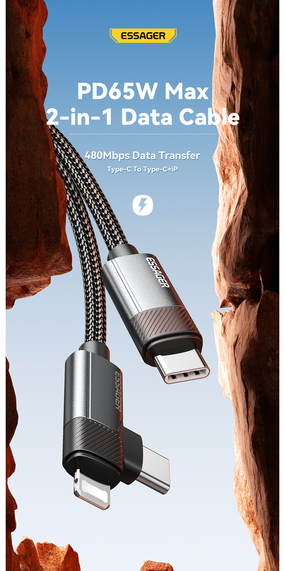 Mô tả Essager 65W Type C / USB-A sang L + C Cáp Sạc Nhanh 2 Trong 1 Cho ip 5 ~ 16 Huawei - 1