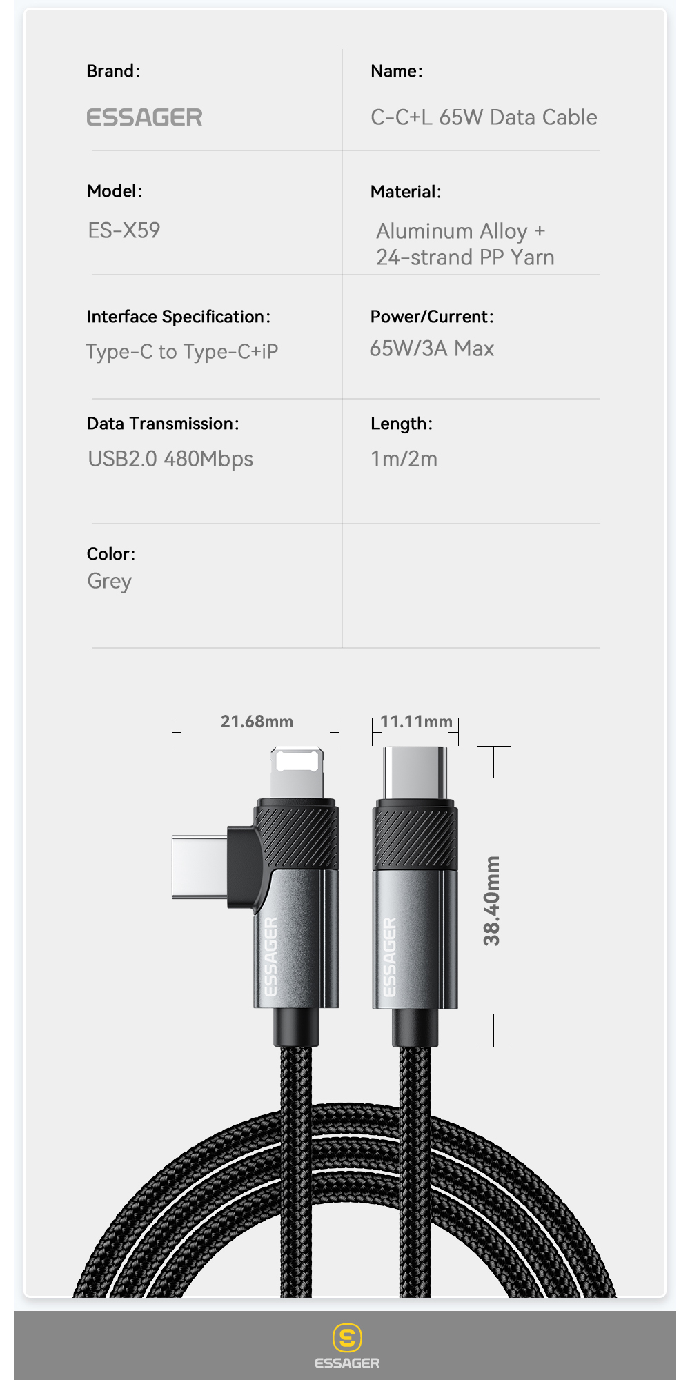 Mô tả Essager 65W Type C / USB-A sang L + C Cáp Sạc Nhanh 2 Trong 1 Cho ip 5 ~ 16 Huawei - 11