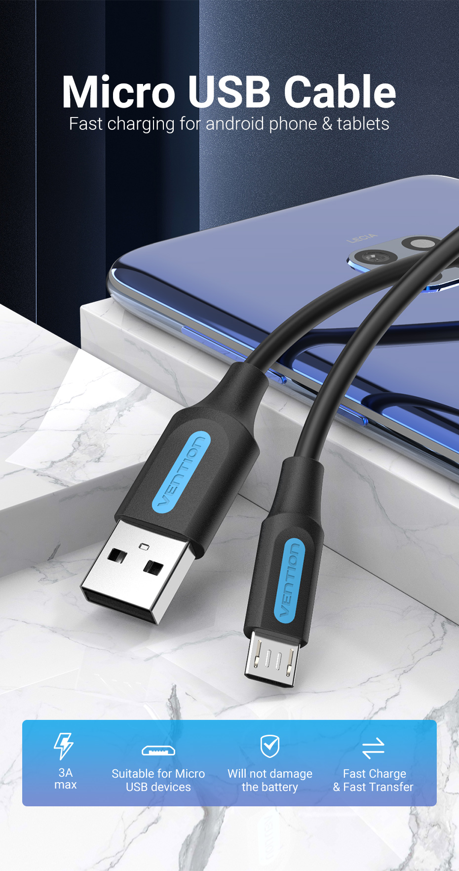 Mô tả Cáp Micro USB Vention 3A sạc nhanh USB A sang Micro-USB 2.0 truyền dữ liệu cho Android - 2