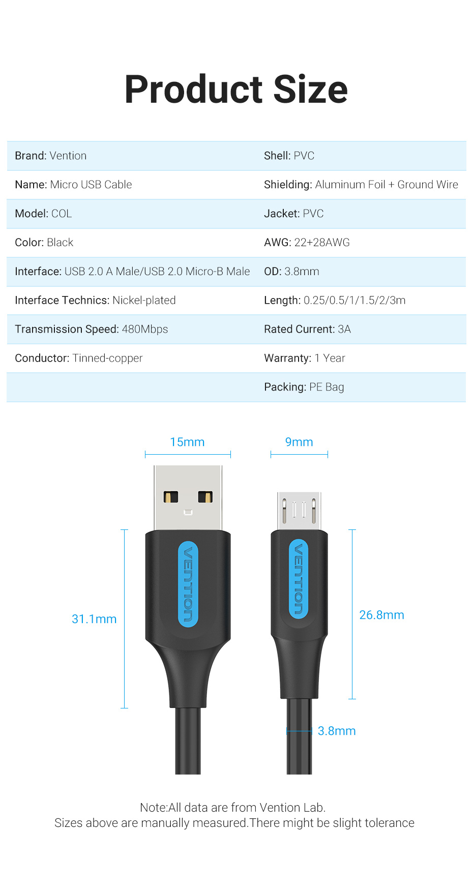 Mô tả Cáp Micro USB Vention 3A sạc nhanh USB A sang Micro-USB 2.0 truyền dữ liệu cho Android - 10