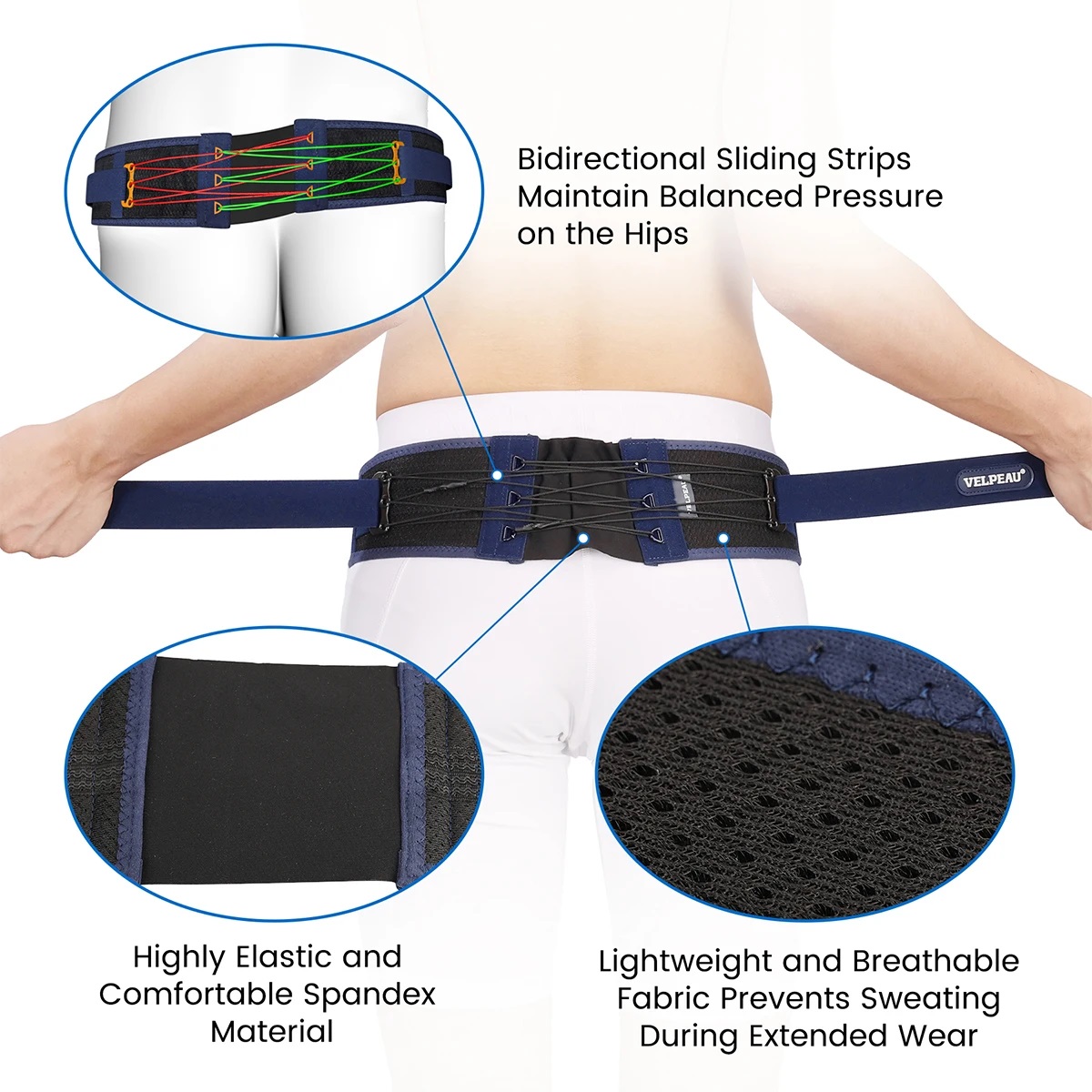 Mô tả Velpeau Sacroiliac Si Joint Hip Belt dành cho nam và nữ Hỗ trợ lưng dưới chống trượt cho đau thần kinh tọa, vùng chậu, giảm đau thắt lưng - 4