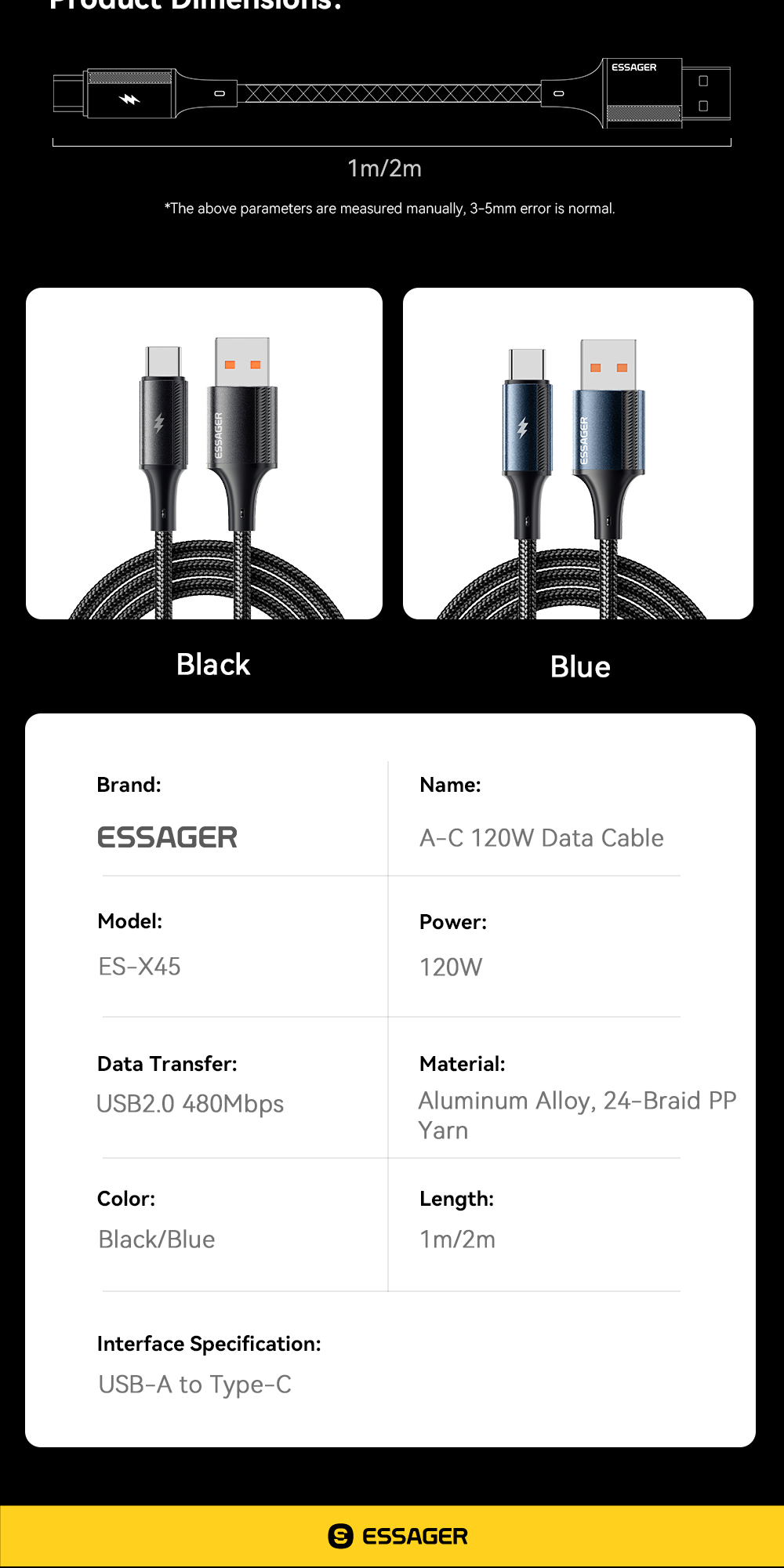 Mô tả Cáp Usb Essager 120W Type C cho dây sạc nhanh xiaomi 6A - 12