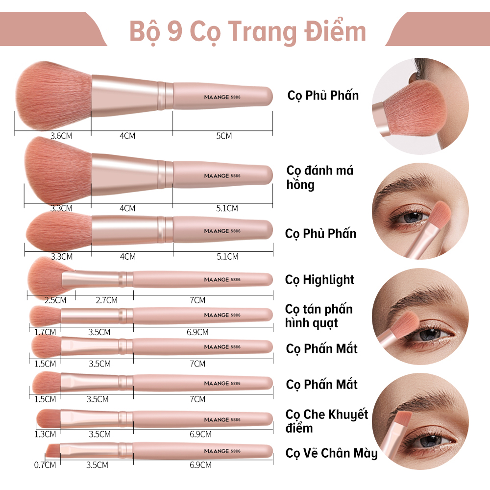 Mô tả MAANGE Bộ 9 Cọ Makeup Chuyên Nghiệp Kèm Bao Đựng 5886 - 5