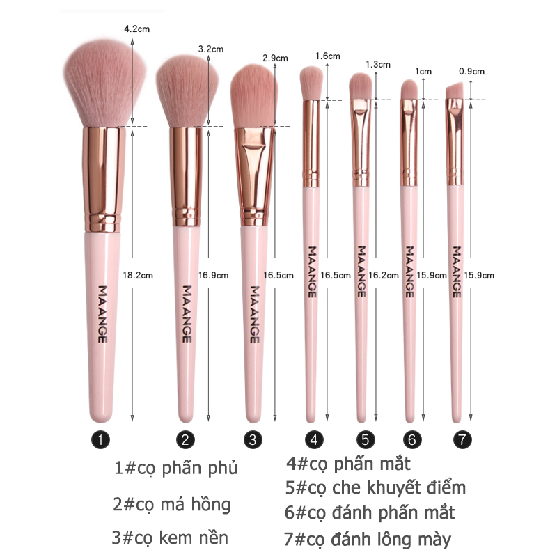 Mô tả Set 7 cọ trang điểm MAANGE tán phấn má hồng phấn phủ che khuyết điểm phấn mắt tiện lợi 5861 - 5