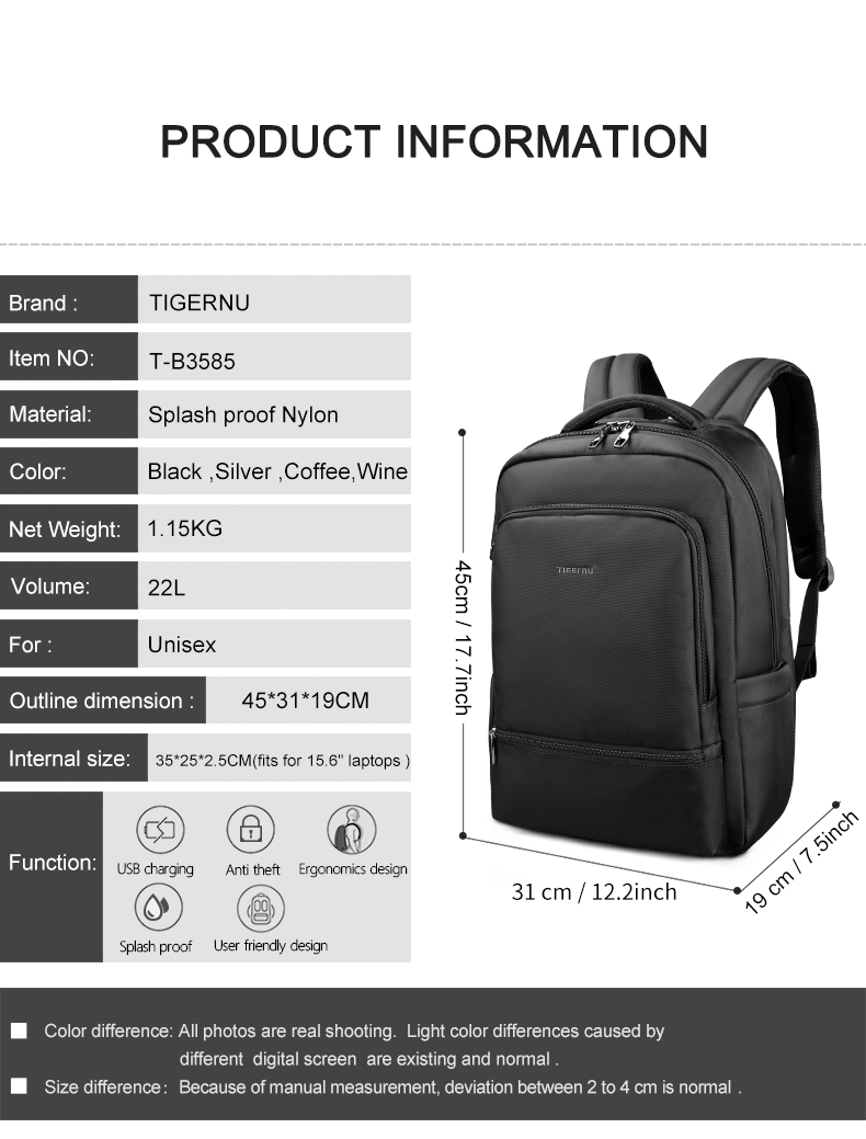 Mô tả Tigernu 3585 Nylon Chống Thấm Nước Chống Trộm 22L Ba Lô Laptop Du Lịch Túi Nhiều Lớp Ba Lô Thời Trang (15.6 ") - 2
