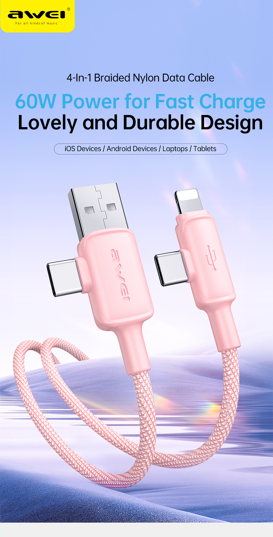 Mô tả Dây sạc type c Awei 60W sạc nhanh 4 trong 1 USB Type C Dây bện nylon 1M cho điện thoại Android - 1