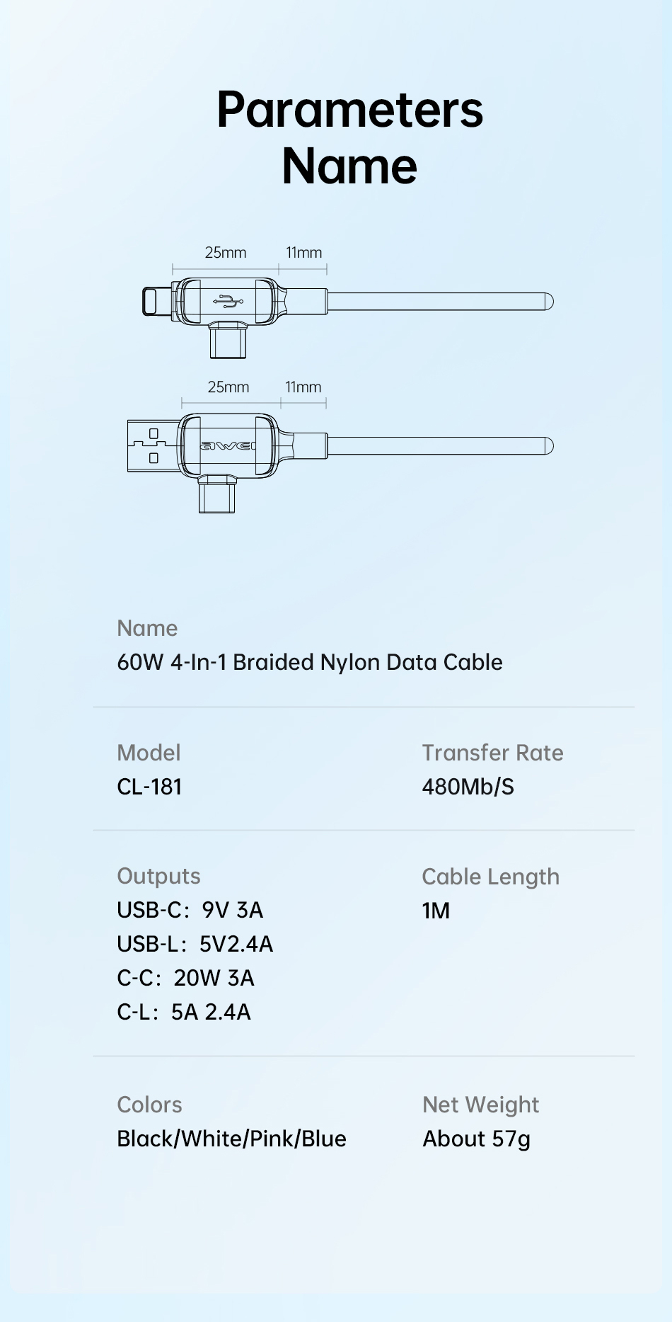 Mô tả Dây sạc type c Awei 60W sạc nhanh 4 trong 1 USB Type C Dây bện nylon 1M cho điện thoại Android - 8
