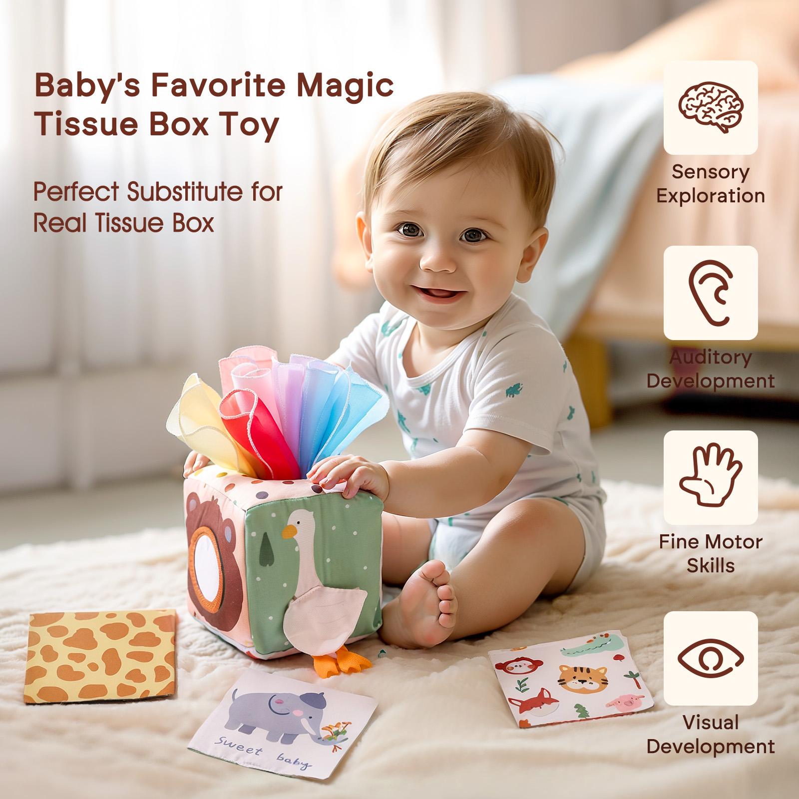 Mô tả Bé Montessori Đồ Chơi Magic Hộp Khăn Giấy Giáo Dục Hoạt Động Học Tập Cảm Giác Đồ Chơi Cho Trẻ Em Vui Nhộn Kotak Khăn Giấy Bận Rộn Ban Trò Chơi Cho Bé - 4