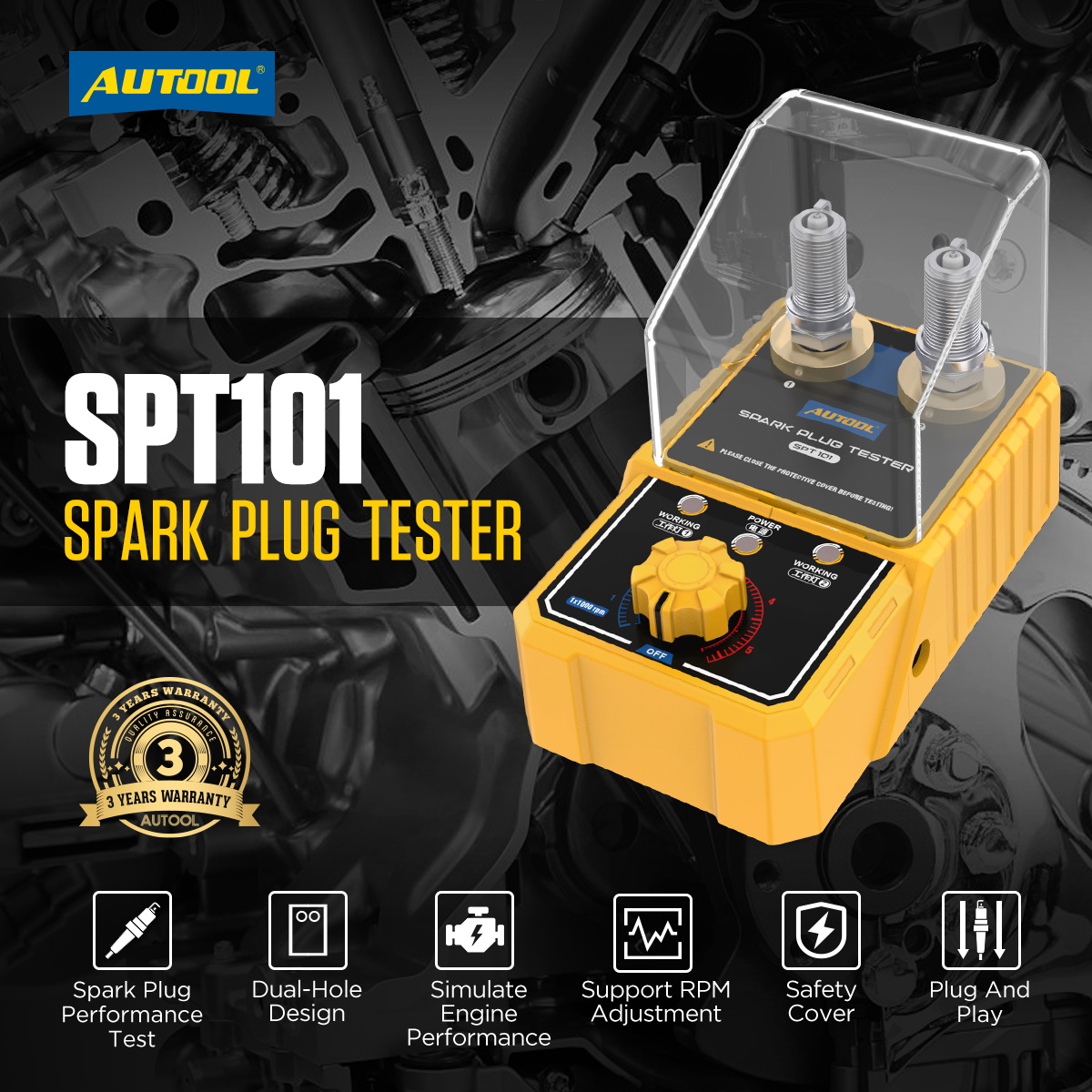 Mô tả AUTOOL SPT101 Máy kiểm tra bugi ô tô có đầu dò lỗ kép có thể điều chỉnh Máy phân tích đánh lửa bugi ô tô Công cụ chẩn đoán cho xe 12V - 3