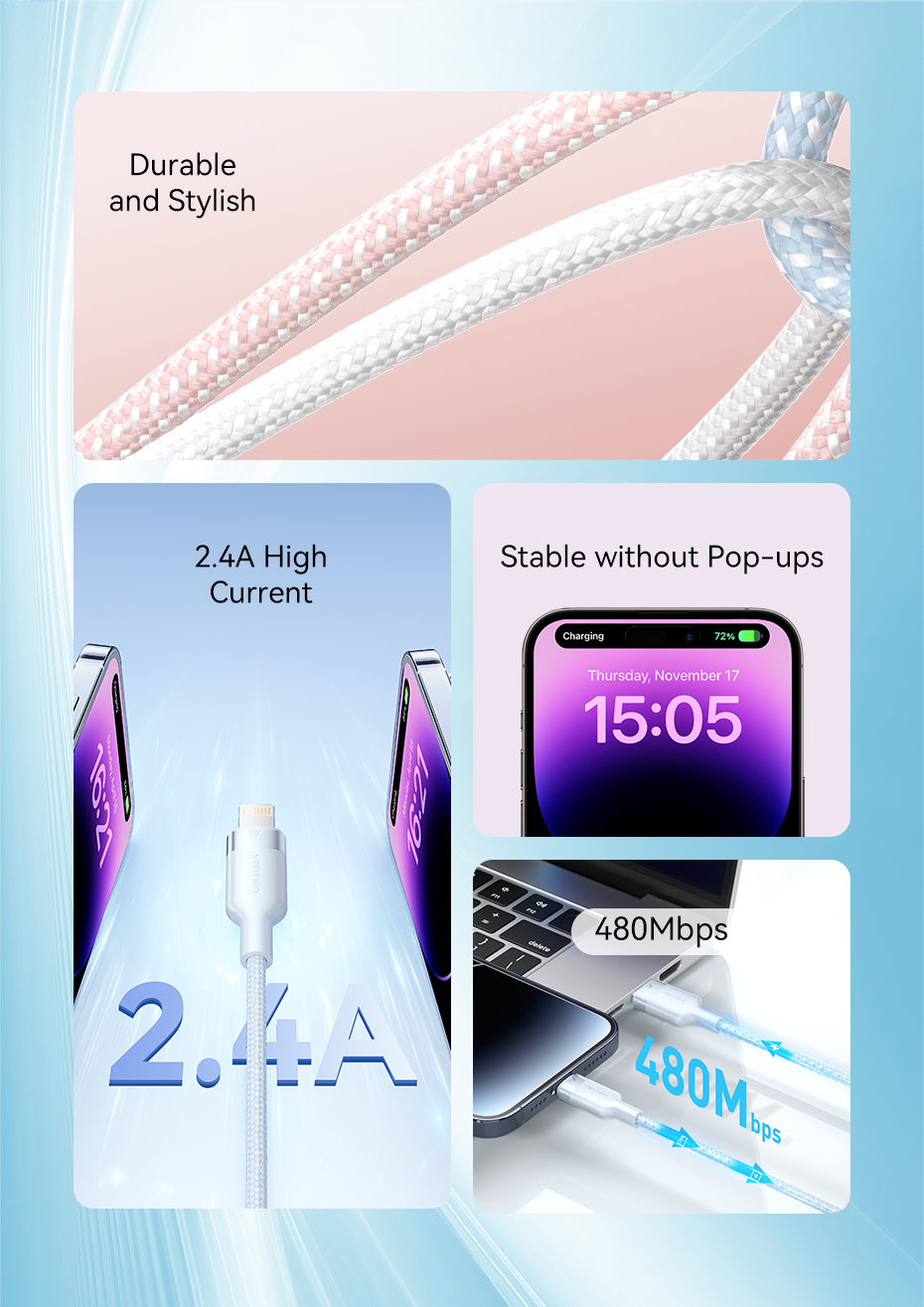 Mô tả Cáp USB A Vention iPhone 2.4A Cáp Lightning sạc nhanh cho iPad Cáp dữ liệu sạc điện thoại Mini - 3