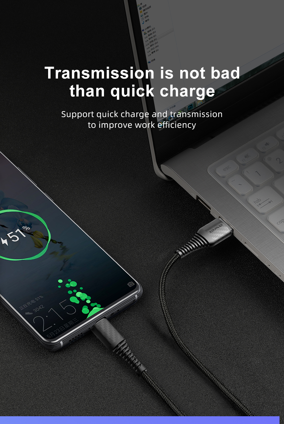 Mô tả Dây sạc Awei CL-69 Sạc nhanh 40W USB Type C Dây bện nylon An Toàn Ổn Định Chính hãng - 5