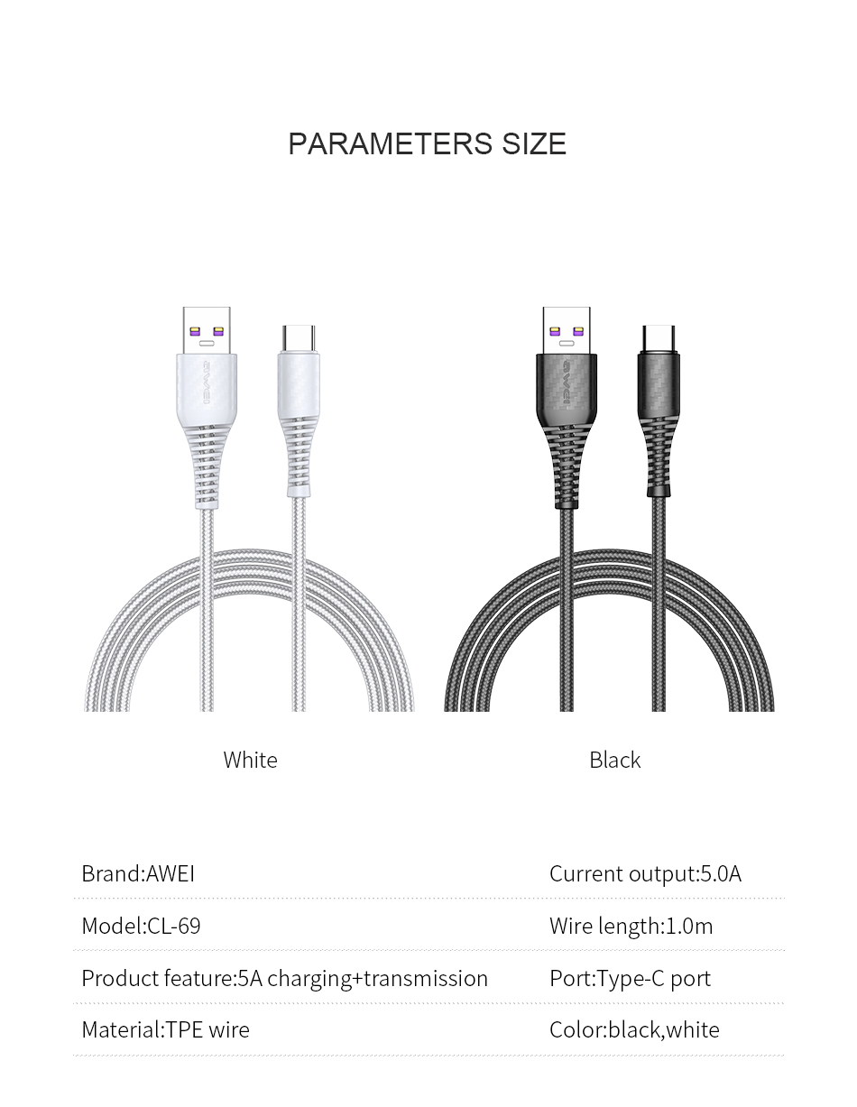 Mô tả Dây sạc Awei CL-69 Sạc nhanh 40W USB Type C Dây bện nylon An Toàn Ổn Định Chính hãng - 7
