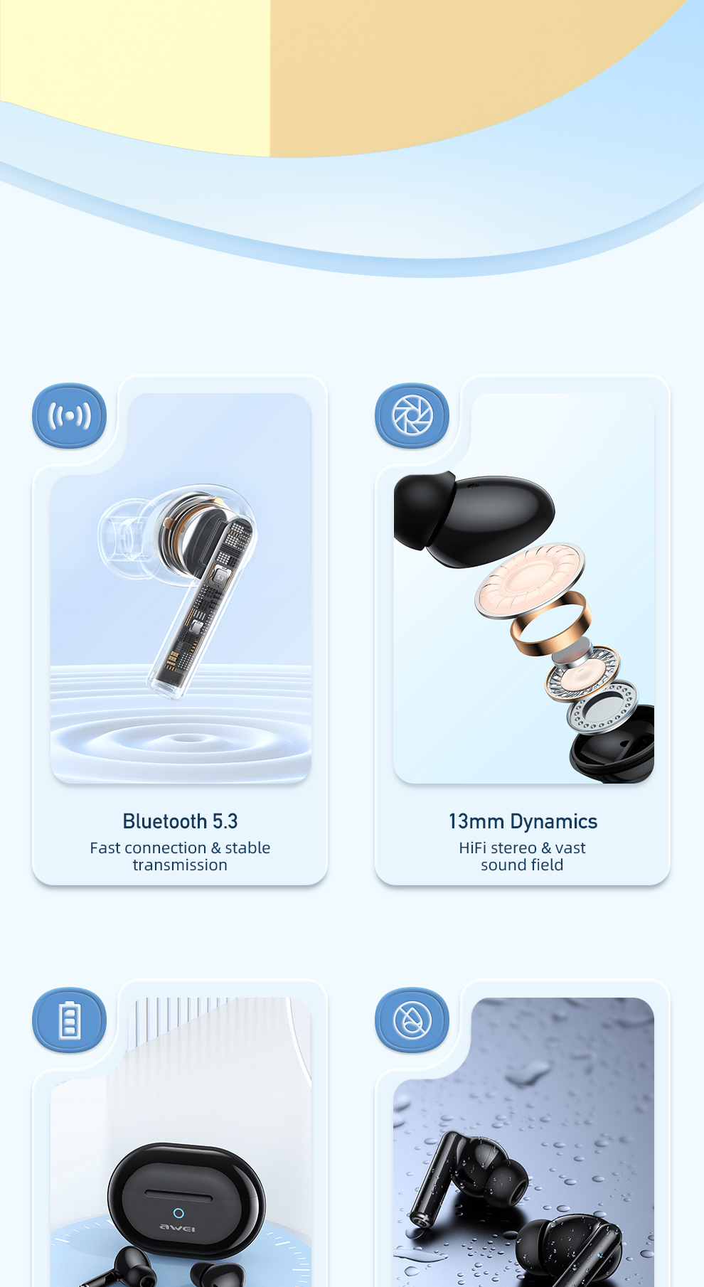 Mô tả Tai nghe không dây AWEI T61 chống ồn ENC TWS 5.3 Chống Nước IPX6 có Mic HD cảm ứng thông minh Âm Thanh HIFI - 2