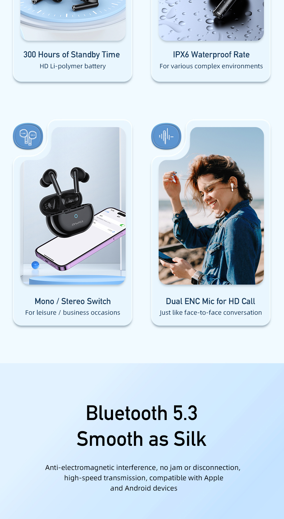Mô tả Tai nghe không dây AWEI T61 chống ồn ENC TWS 5.3 Chống Nước IPX6 có Mic HD cảm ứng thông minh Âm Thanh HIFI - 3