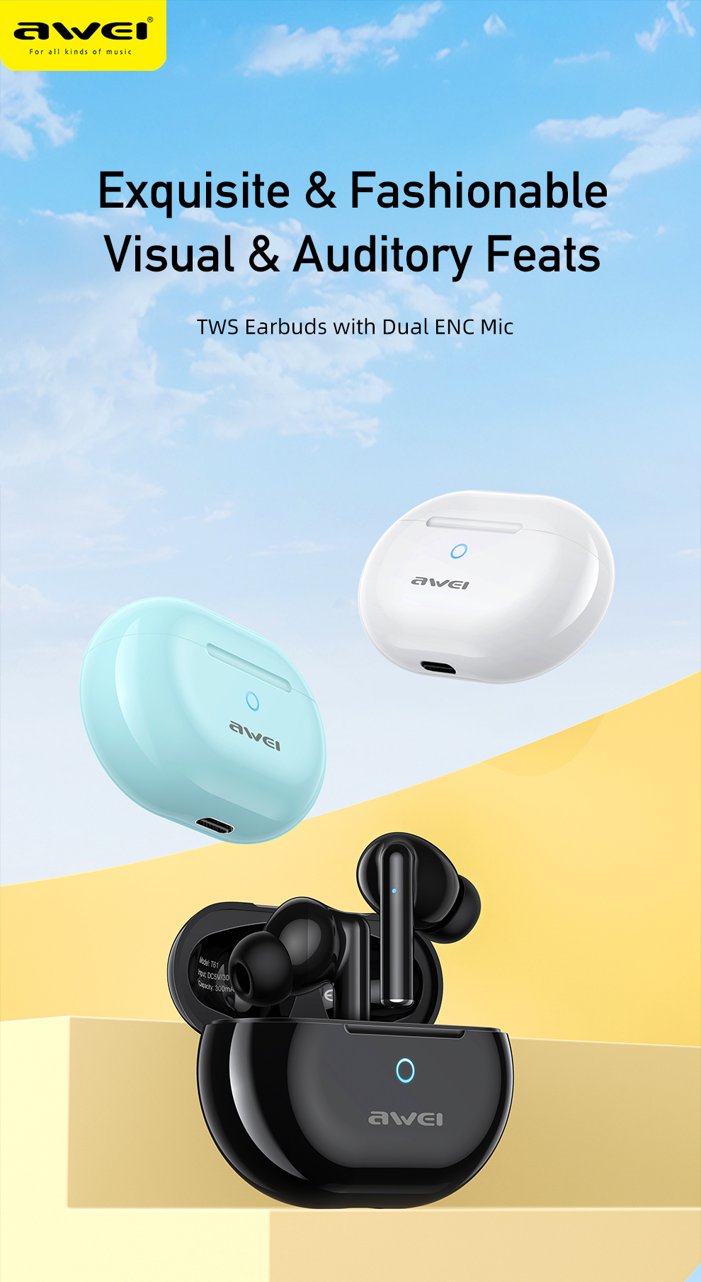 Mô tả Tai nghe không dây AWEI T61 chống ồn ENC TWS 5.3 Chống Nước IPX6 có Mic HD cảm ứng thông minh Âm Thanh HIFI - 1