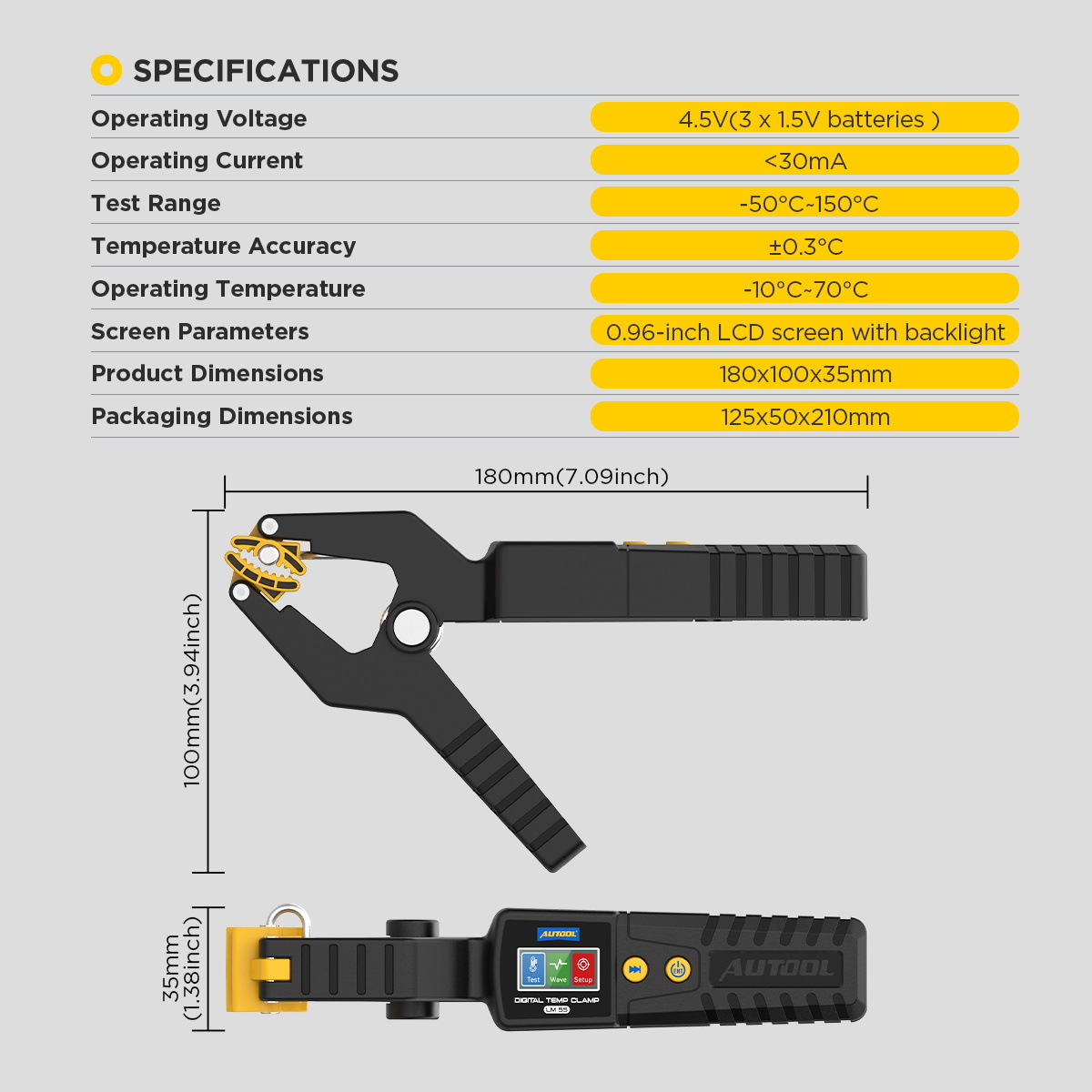 Mô tả AUTOOL LM55 Kẹp kiểm tra nhiệt độ kỹ thuật số -50~150°C Hiển thị dữ liệu dạng sóng Cảm biến chính xác Đo nhiệt độ thời gian thực - 10