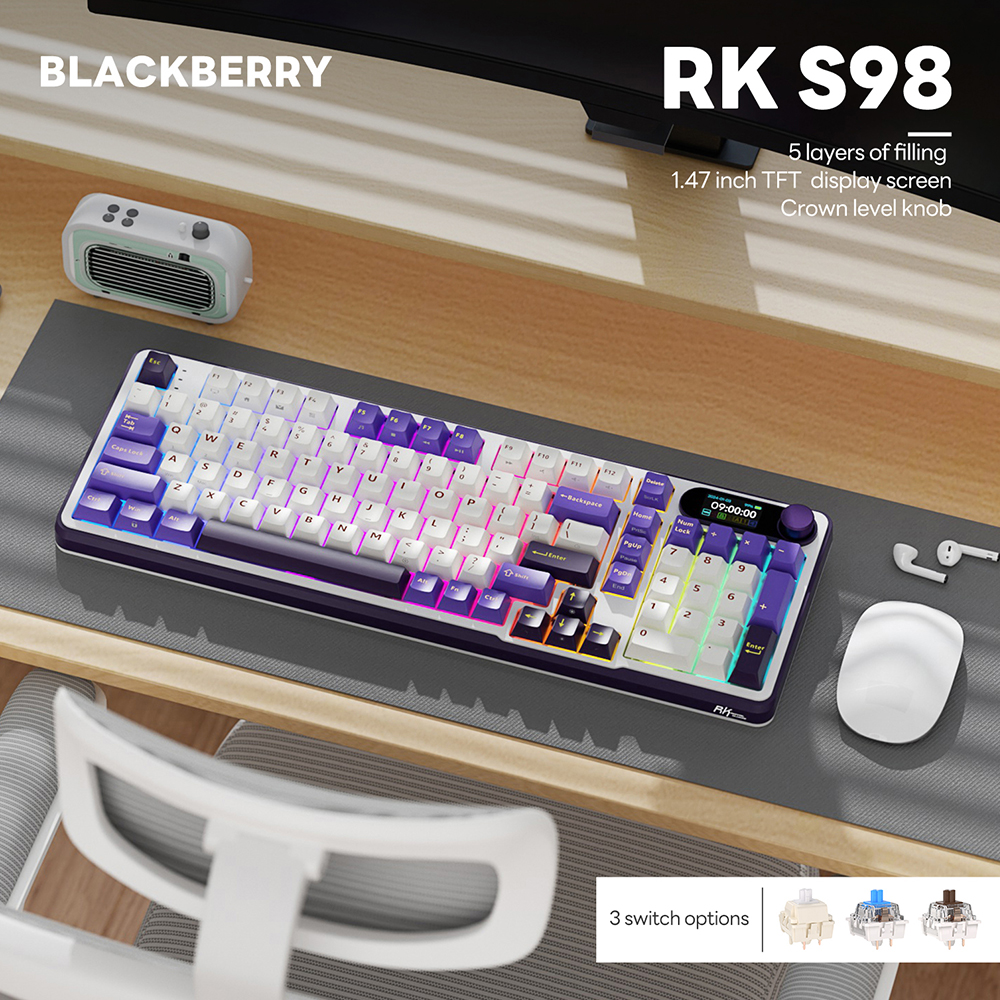 Mô tả Royal Kludge RK S98 Blackberry 98 Key Tri-Mode RGB Có Dây Bluetooth 2.4G Không Dây 3 Chế Độ Với Màn Hình TFT - 1