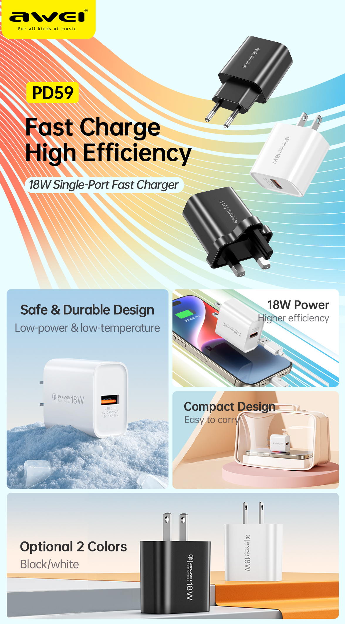 Mô tả Bộ Sạc Nhanh Awei PD59 18W USB - An Toàn, Ổn Định Cho Điện Thoại Thông Minh - 1
