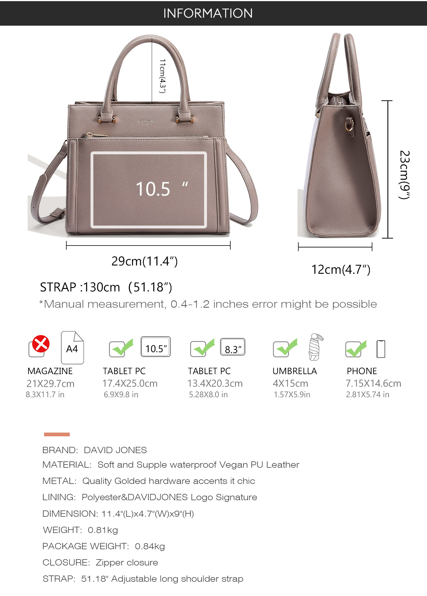 Mô tả David Jones Paris 2024 Xuân Hè Bộ Sưu Tập Mới Thiết Kế Nữ Totes Top-Handle Túi Da pu Nữ Mềm Mại Và Mỏng Túi - 4