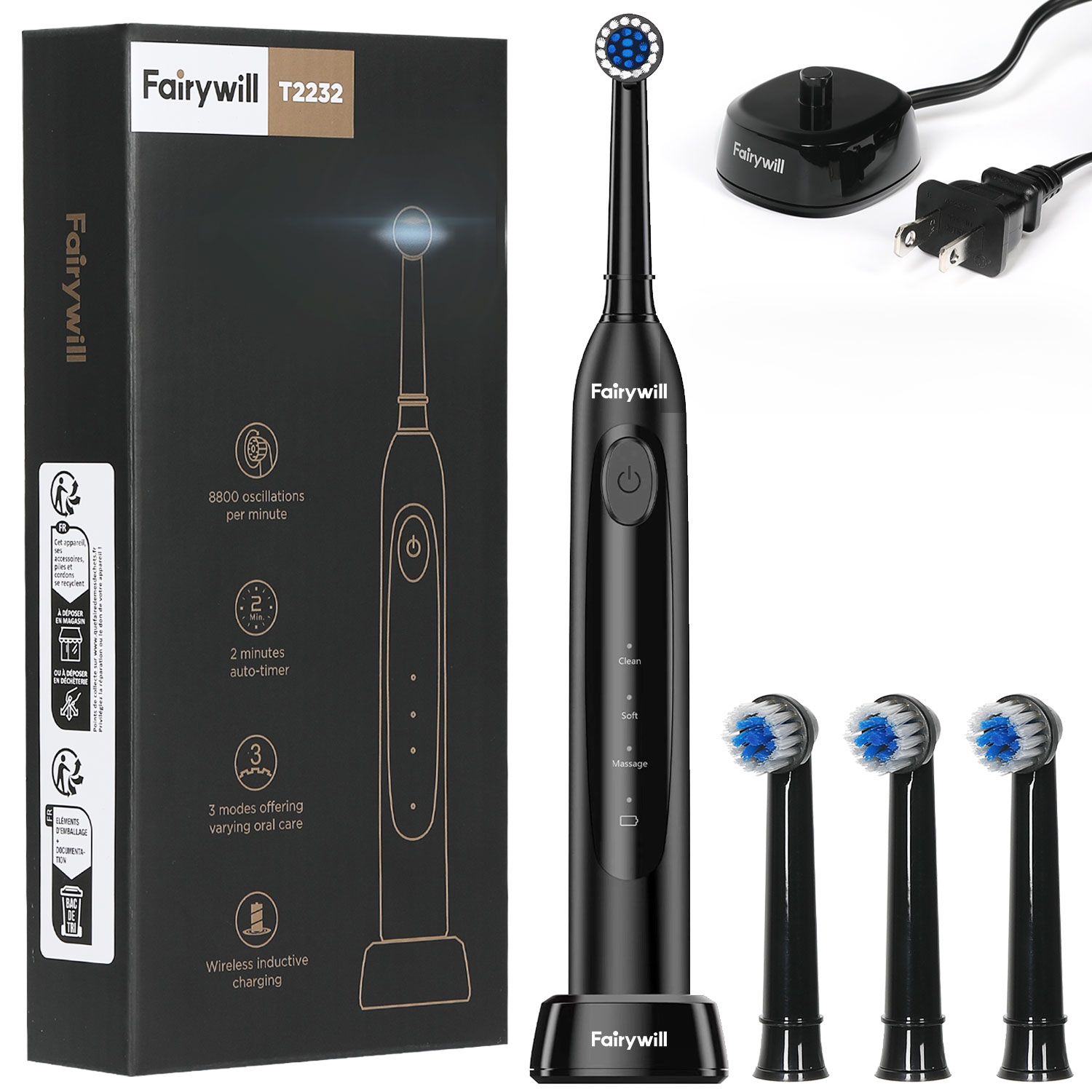 Mô tả Bàn chải đánh răng điện Fairywill T2232 Xoay làm sạch 4 đầu thay thế Bàn chải đánh răng có thể sạc lại - 1