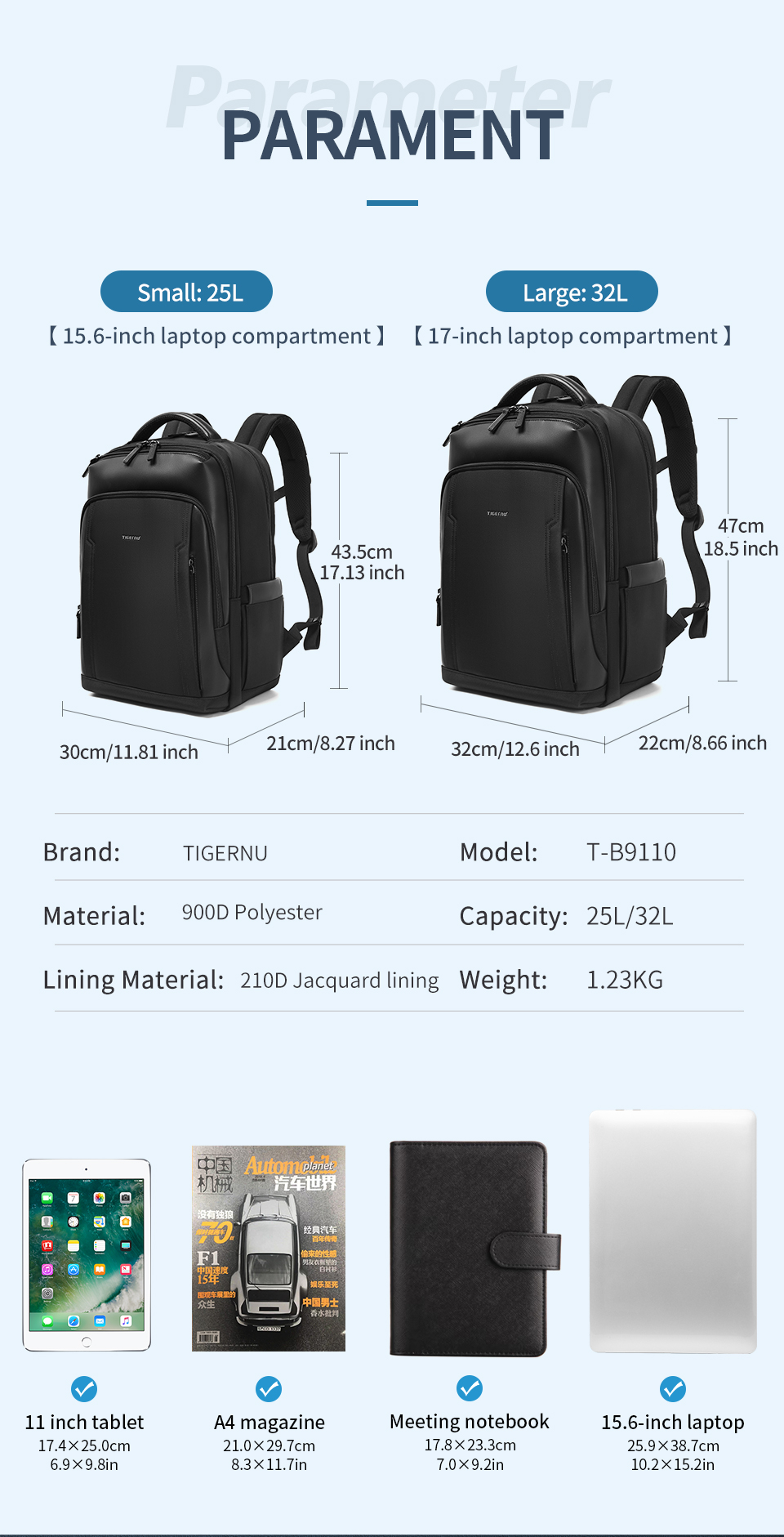 Mô tả Tigernu 9110 Túi đựng Laptop đa chức năng chống nước 15,6 "-17 '' Túi du lịch dung tích lớn Ba lô công sở chống trộm thông thường - 4
