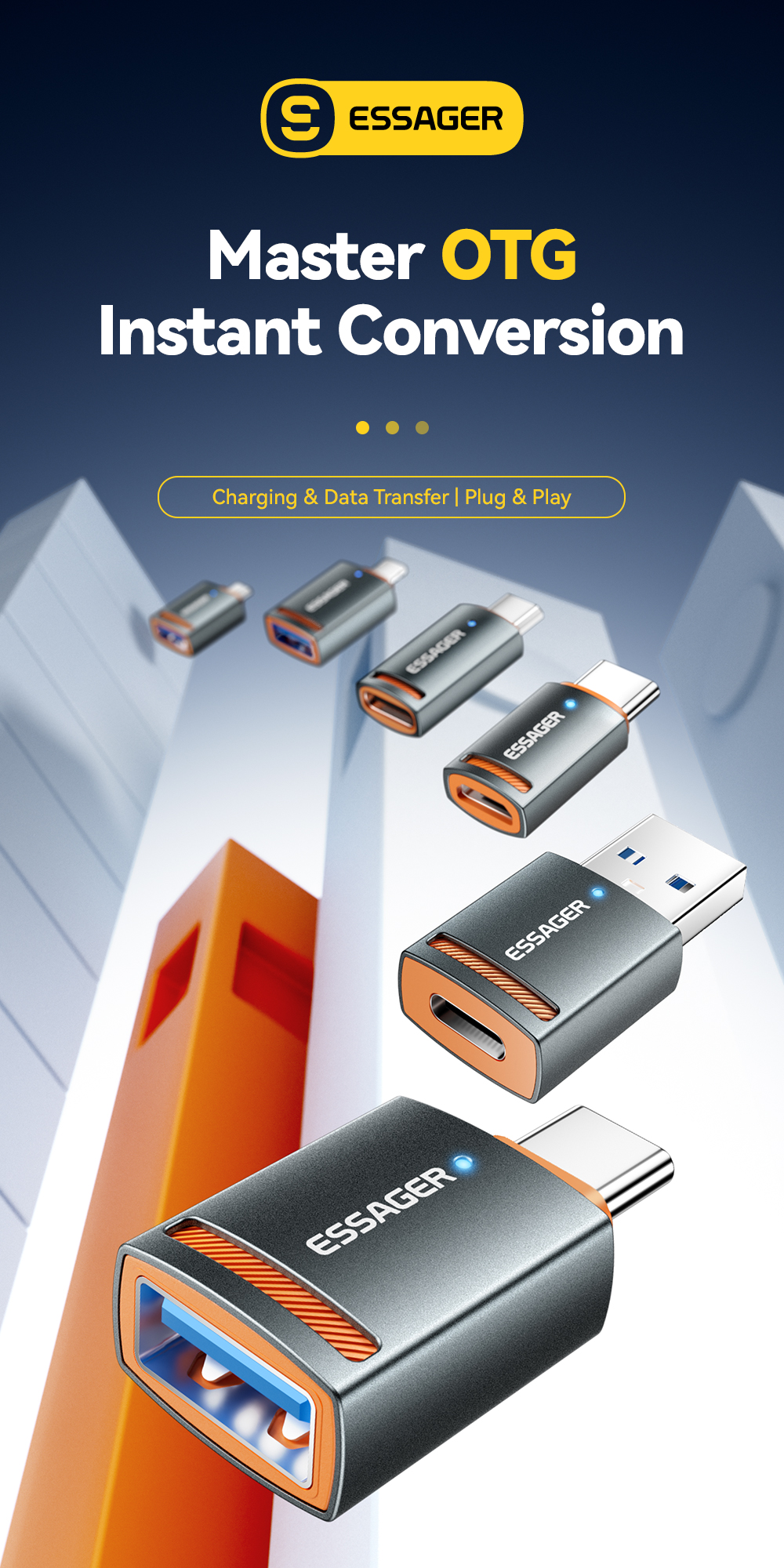 Mô tả Essager 3A type c / micro / USB / L Adapter 5Gbps Truyền Tốc Độ Cao Để Sạc & Truyền Dữ Liệu - 1