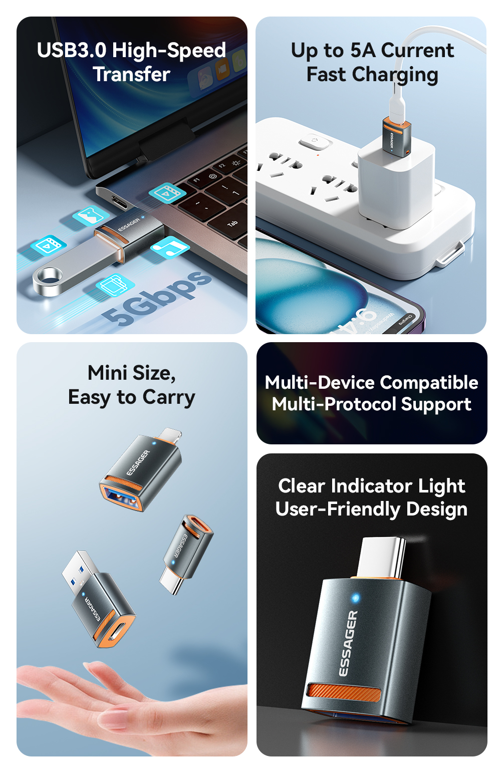 Mô tả Essager 3A type c / micro / USB / L Adapter 5Gbps Truyền Tốc Độ Cao Để Sạc & Truyền Dữ Liệu - 2