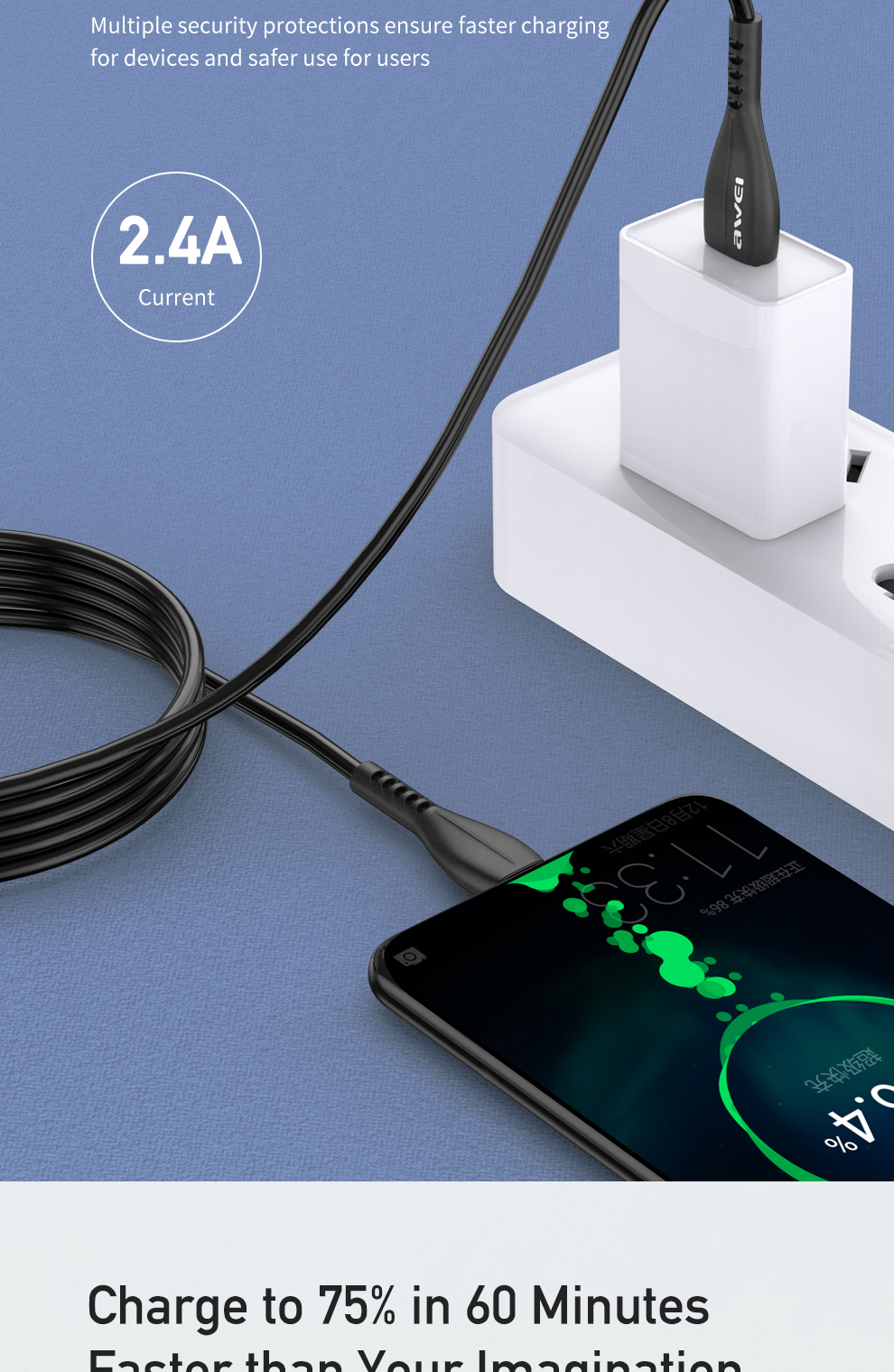 Mô tả Cáp Sạc Awei CL-115L Sạc Nhanh USB Type C Micro cho điện thoại Chính hãng - 3