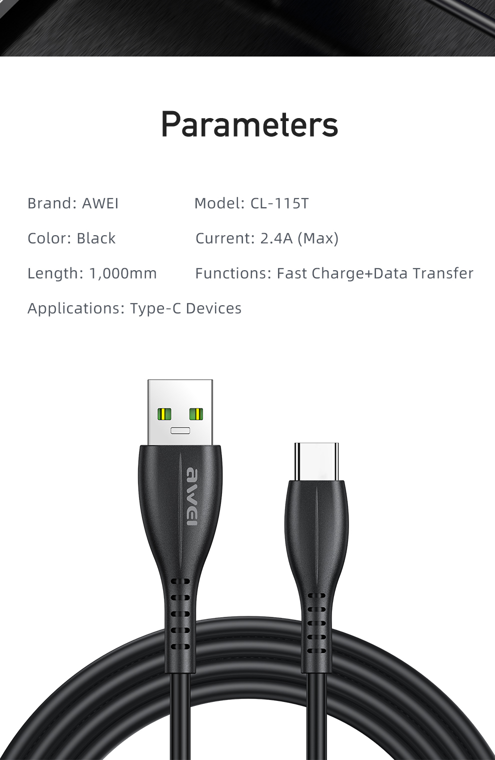 Mô tả Cáp Sạc Awei CL-115L Sạc Nhanh USB Type C Micro cho điện thoại Chính hãng - 8