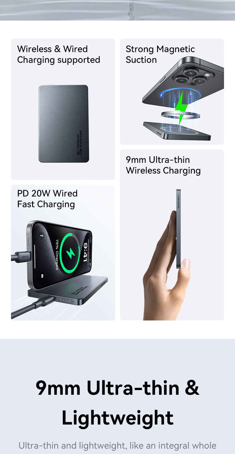 USAMS Wireless Power Bank 5000 / 10000mAh Sạc từ tính không dây Sạc nhanh USB-C Đầu vào / Ra cho iP18 17 16 15 14 13 12 Series – ảnh mô tả chi tiết 2