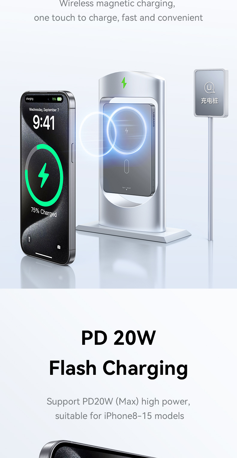 USAMS Wireless Power Bank 5000 / 10000mAh Sạc từ tính không dây Sạc nhanh USB-C Đầu vào / Ra cho iP18 17 16 15 14 13 12 Series – ảnh mô tả chi tiết 4