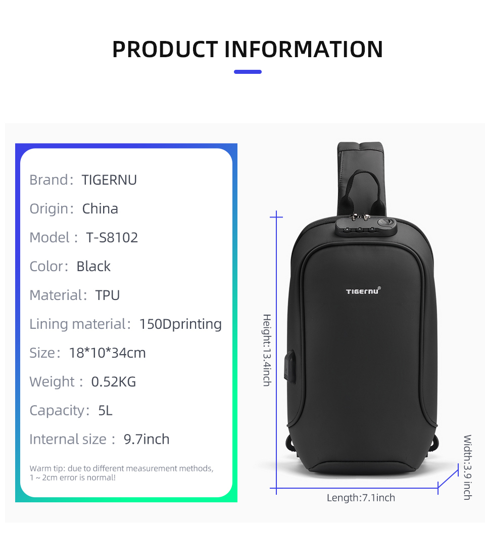 Mô tả Túi đeo ngực chống nước Tigernu 8102 có cổng USB (9.7 '') - 5