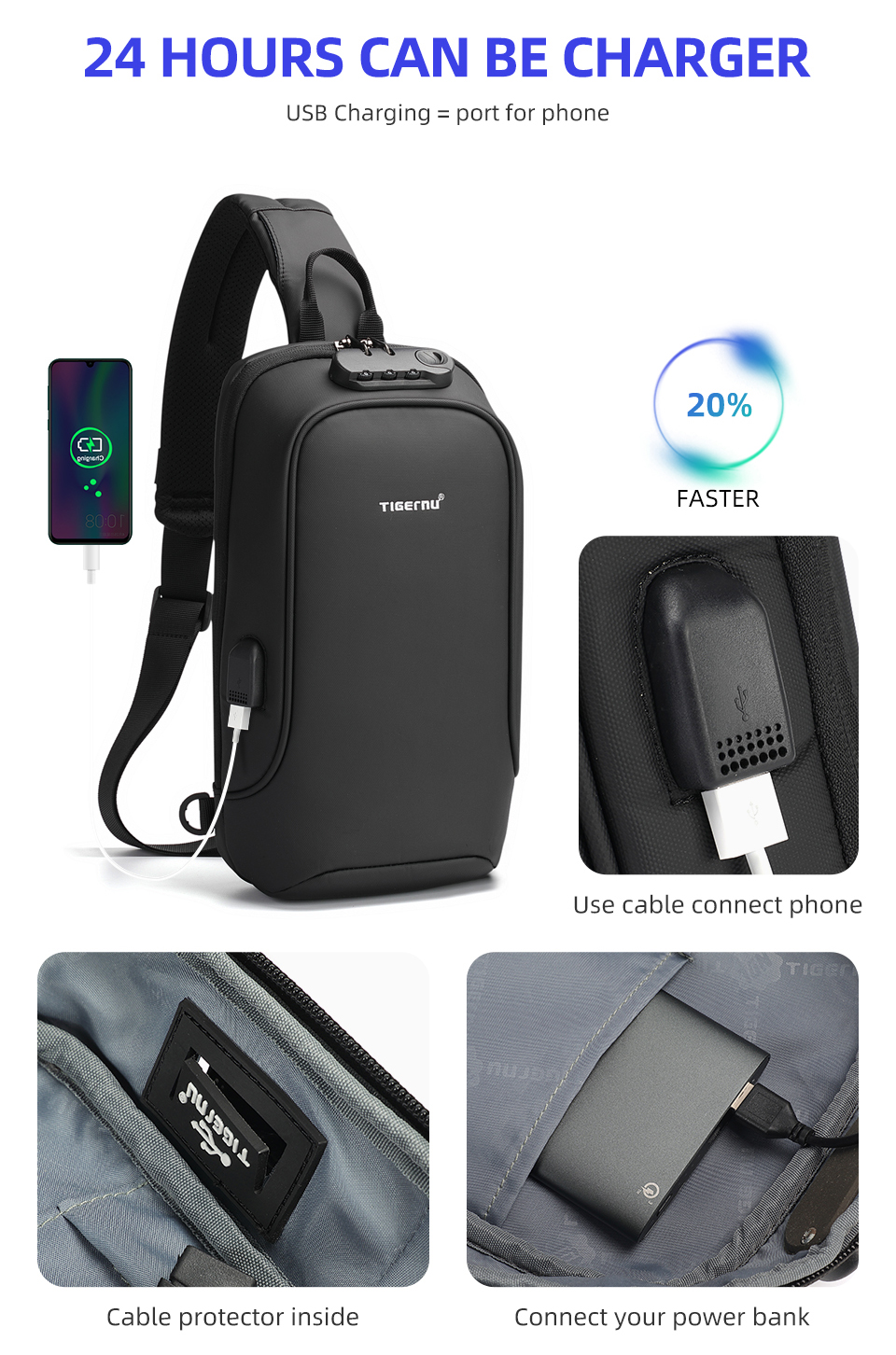 Mô tả Túi đeo ngực chống nước Tigernu 8102 có cổng USB (9.7 '') - 6
