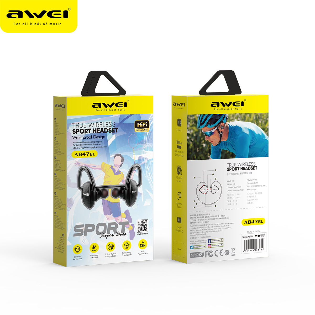Mô tả Tai Nghe Thể Thao Awei A847BL Đeo Cổ Bluetooth Chống Nước IPX4 Cổ Mic HD chính hãng - 11