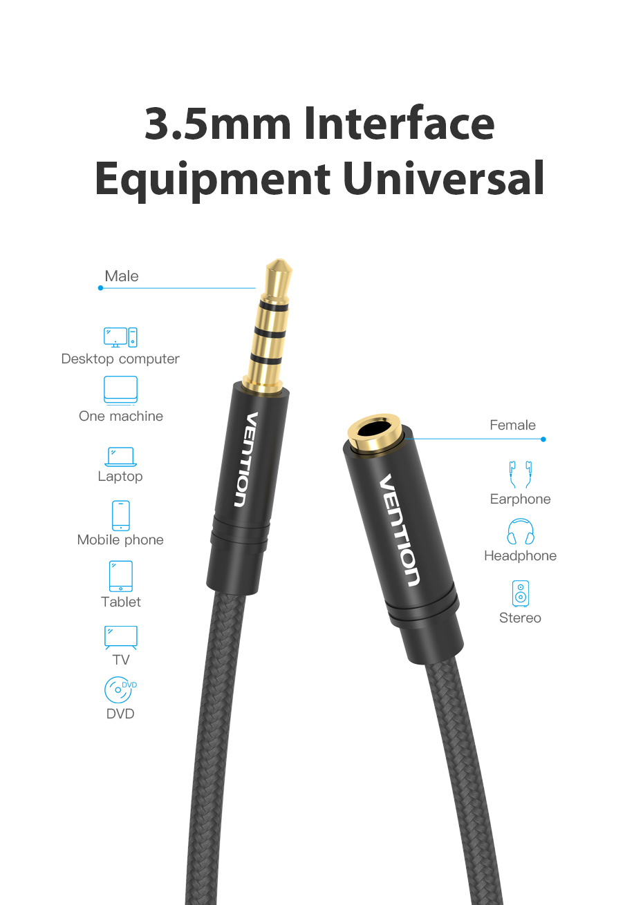 Mô tả Dây nối dài cổng 3.5mm aux Vention Đầu mạ vàng cáp dài TPE 1m 2m dùng cho Tai Nghe loa jack 3.5 mm - 2